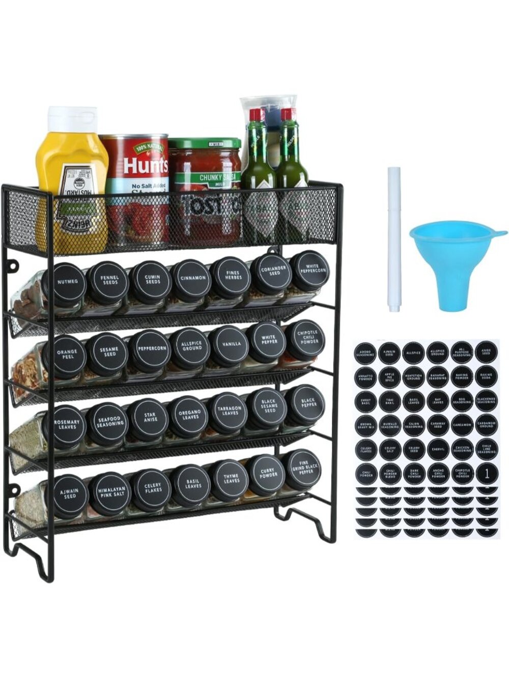 New Black 5-Tier Spice Rack Organizer with 28 Jars Labels Funnel Wall Mount
